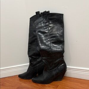Black Croc-Embossed Knee-High Boots
